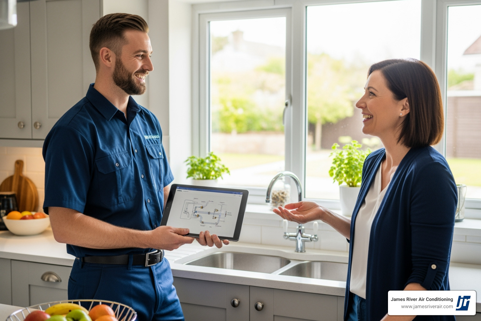 friendly plumber consulting with homeowner - affordable plumbing installation in richmond, va friendly plumber consulting with homeowner - affordable plumbing installation in richmond, va