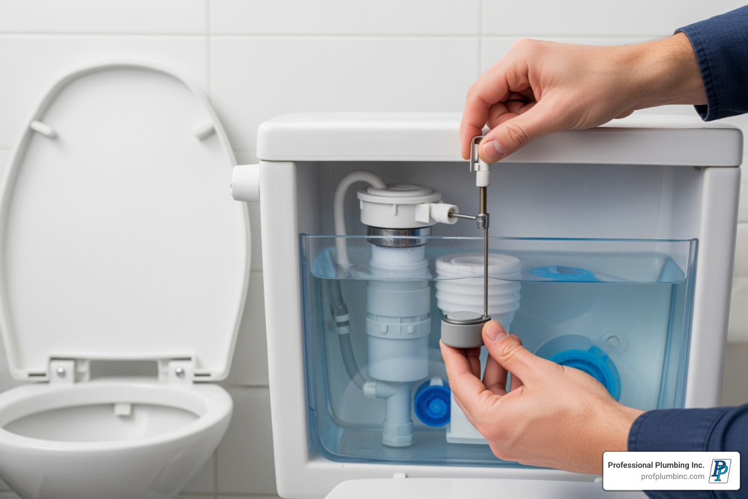person adjusting a fill valve float - running toilet repair