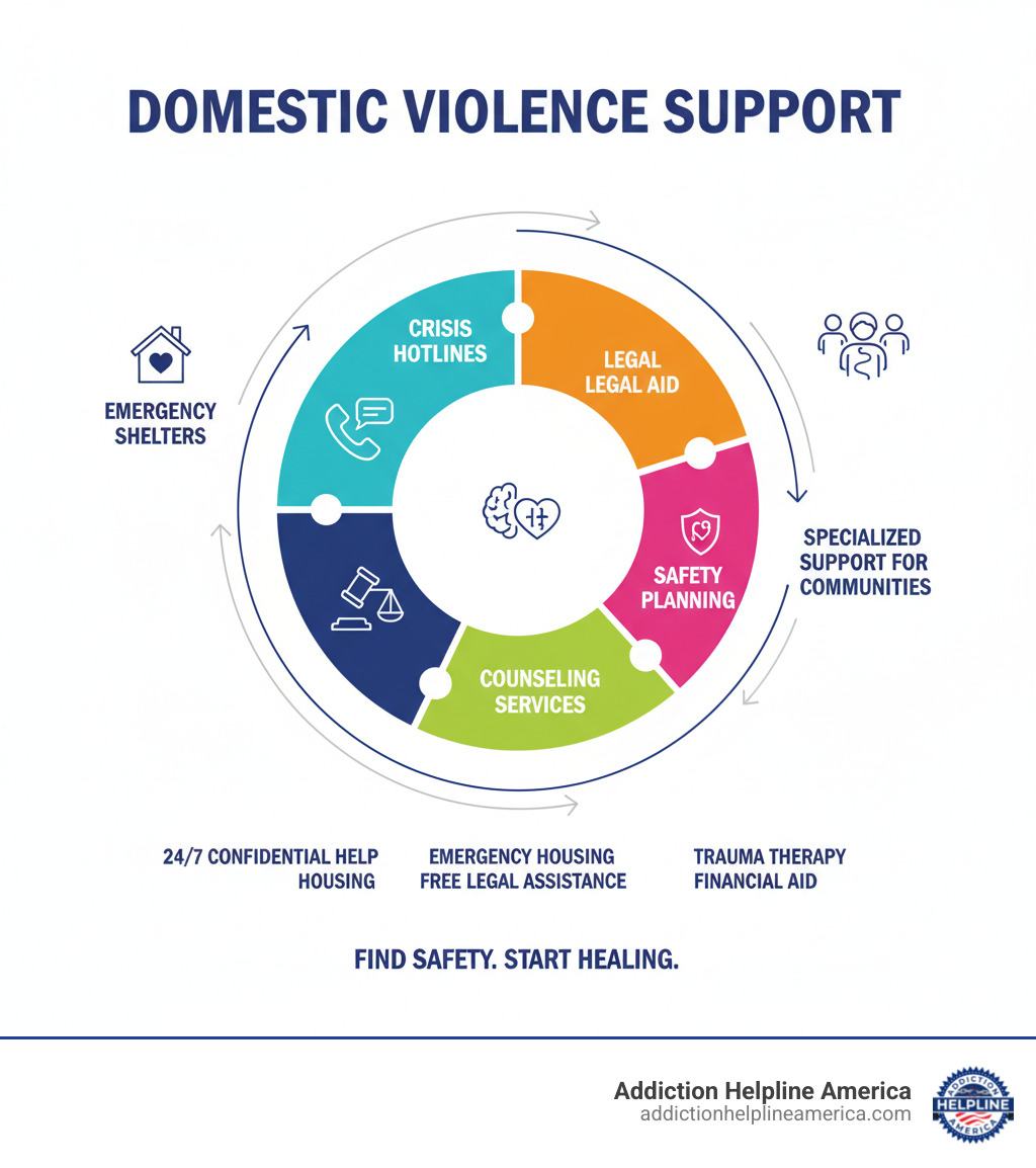 infographic showing types of domestic violence support available including emergency shelters, crisis hotlines, legal aid, counseling services, safety planning, and specialized support for different communities - domestic violence support infographic 