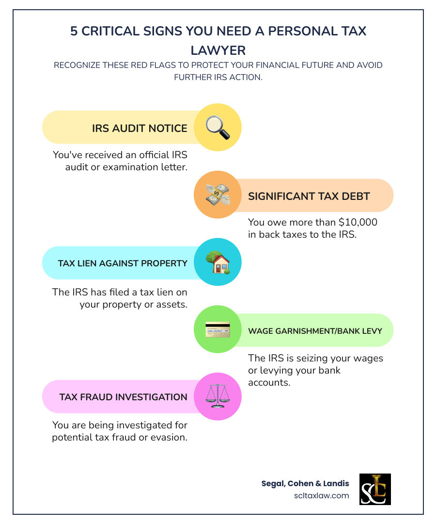 Infographic showing 5 critical signs you need a personal tax lawyer: 1) You received an IRS audit notice or examination letter, 2) You owe more than $10,000 in back taxes, 3) The IRS has filed a tax lien against your property, 4) You're facing wage garnishment or bank levy, 5) You're being investigated for potential tax fraud or evasion - personal tax lawyer near me infographic infographic-line-5-steps-colors