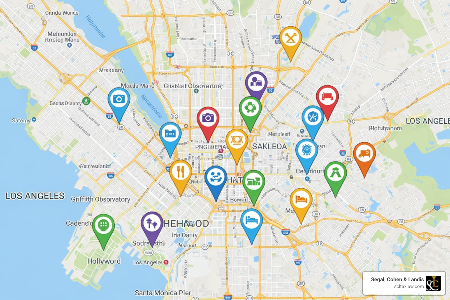 A map of Los Angeles with location pins - personal tax lawyer near me
