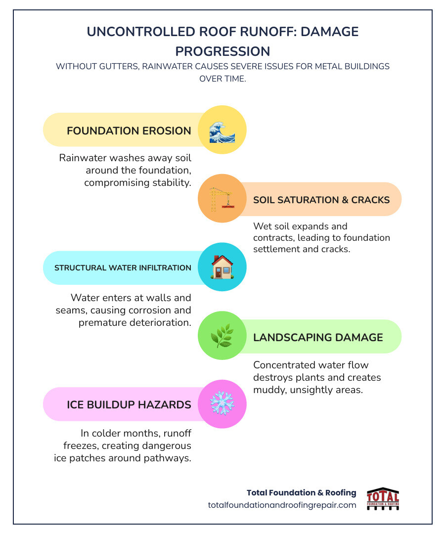 Infographic showing how uncontrolled roof runoff damages a metal building through foundation erosion, soil saturation causing settlement and cracks, water infiltration at walls and doors leading to corrosion, landscaping damage from concentrated water flow, and ice buildup creating safety hazards, with arrows indicating water flow patterns and damage progression over time - metal building gutter infographic infographic-line-5-steps-colors Infographic showing how uncontrolled roof runoff damages a metal building through foundation erosion, soil saturation causing settlement and cracks, water infiltration at walls and doors leading to corrosion, landscaping damage from concentrated water flow, and ice buildup creating safety hazards, with arrows indicating water flow patterns and damage progression over time - metal building gutter infographic infographic-line-5-steps-colors