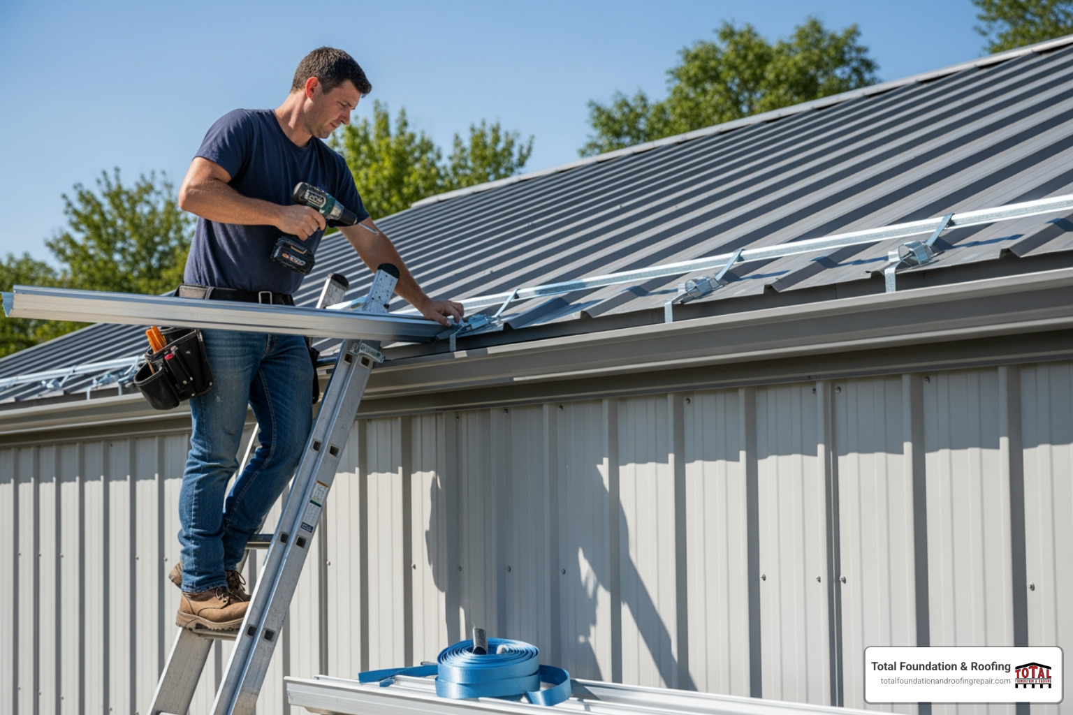 Contractor using roof straps to attach gutters directly to the roof of a metal building where no fascia board is present - metal building gutter Contractor using roof straps to attach gutters directly to the roof of a metal building where no fascia board is present - metal building gutter