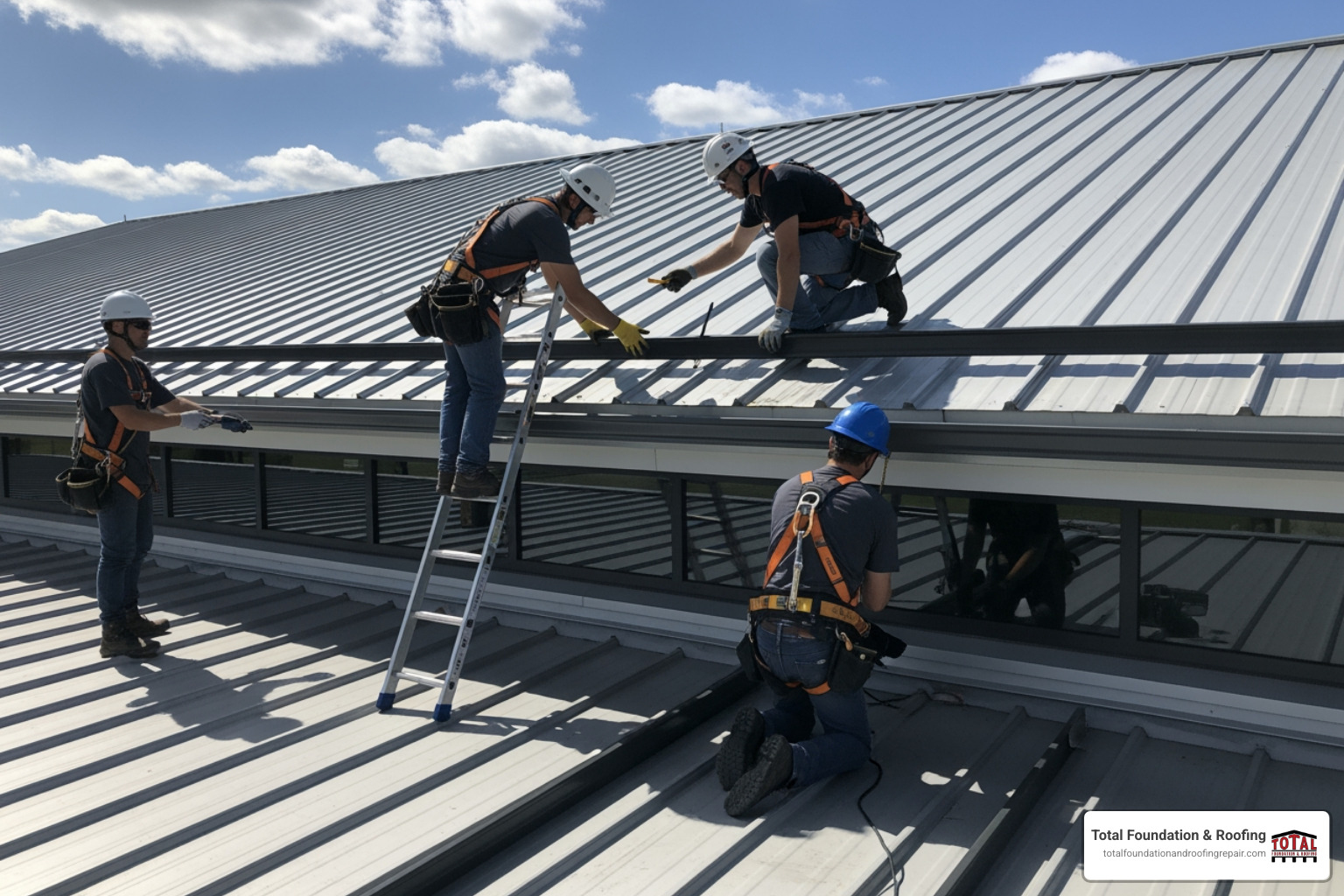 Total Foundation & Roofing team working on a commercial metal roof in Kerrville, TX, installing a robust gutter system - metal building gutter Total Foundation & Roofing team working on a commercial metal roof in Kerrville, TX, installing a robust gutter system - metal building gutter