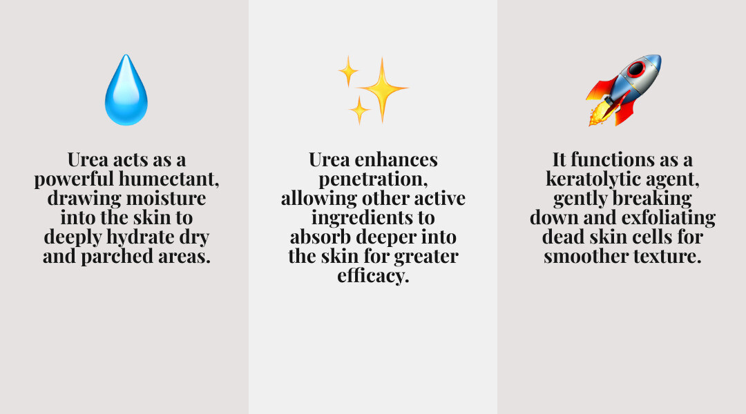 Infographic showing urea cream's dual action: a water droplet symbol representing humectant properties that draw moisture to skin, and a gentle exfoliation symbol showing removal of dead skin cells from the stratum corneum layer, with arrows indicating deeper penetration of active ingredients - What is urea cream? infographic 3_facts_emoji_grey