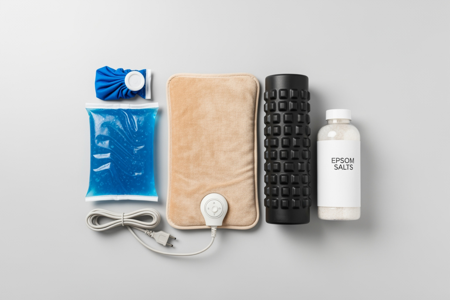 A collection of at-home remedies: an ice pack, a heating pad, a foam roller, and a bottle of Epsom salts - help for sore muscles