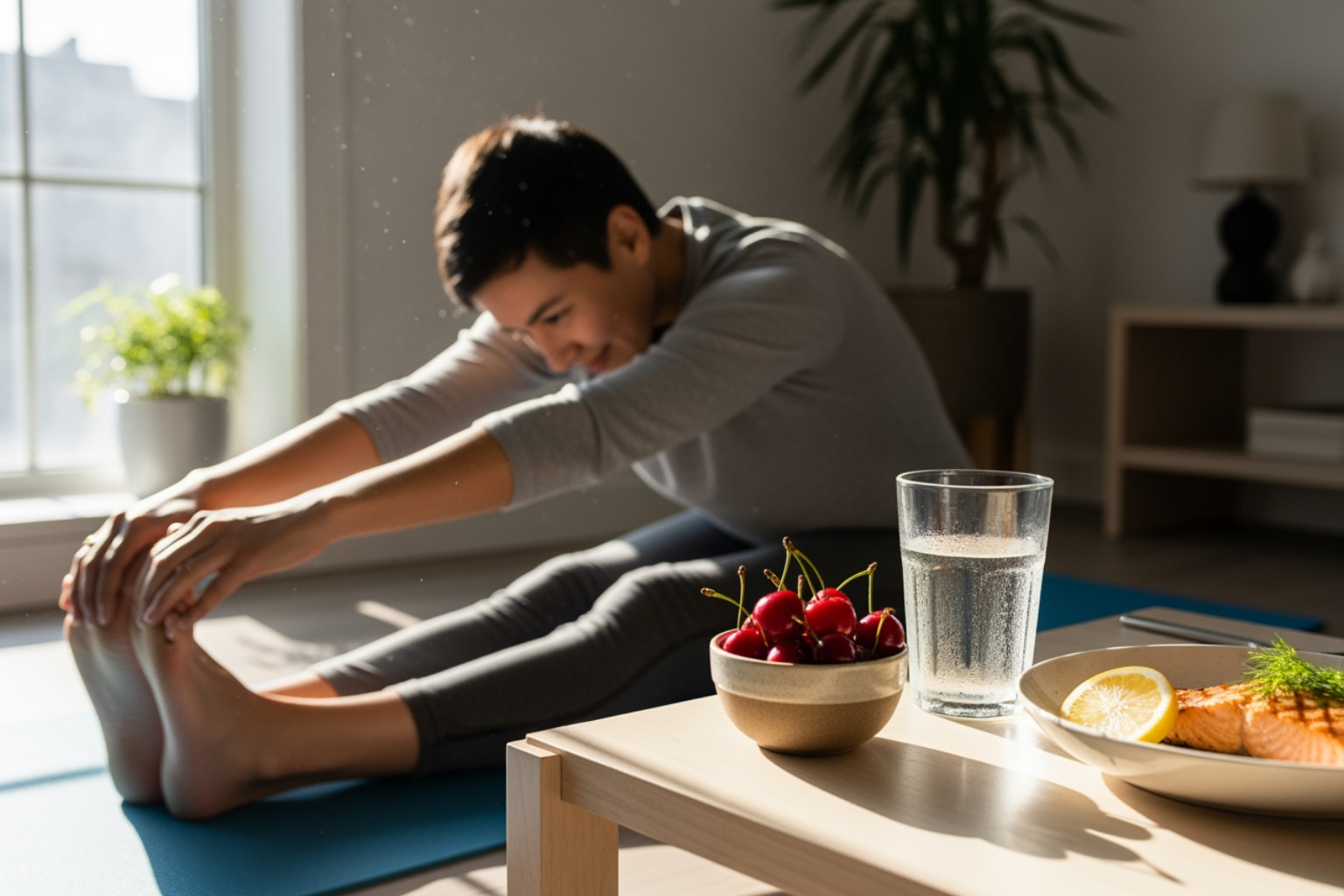 A person doing a gentle yoga stretch next to a glass of water and a bowl of cherries and salmon - help for sore muscles
