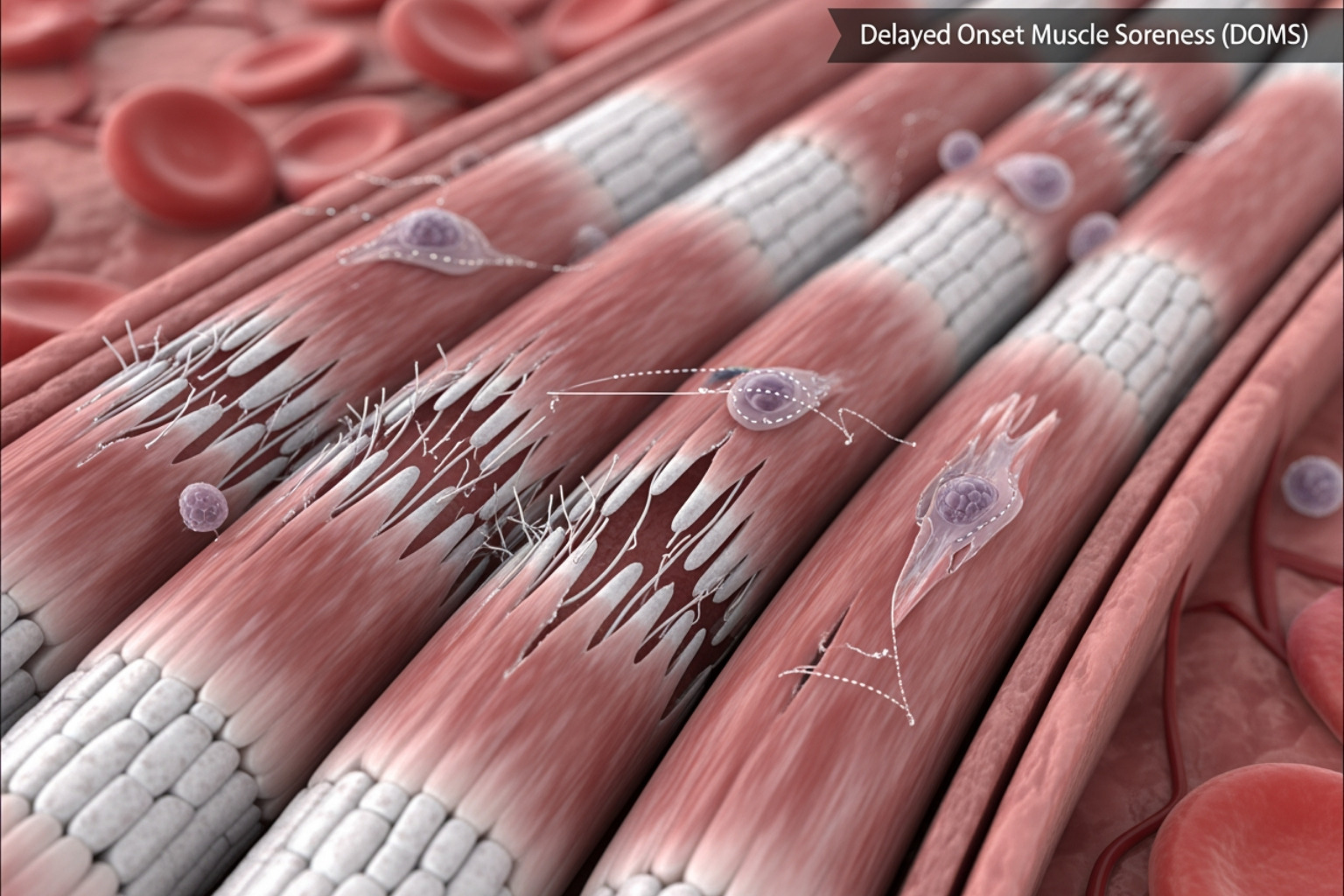 A diagram showing muscle fibers with micro-tears - help for sore muscles