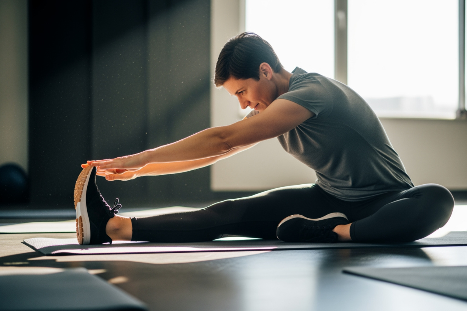 person performing hamstring stretch - stretching for muscle recovery