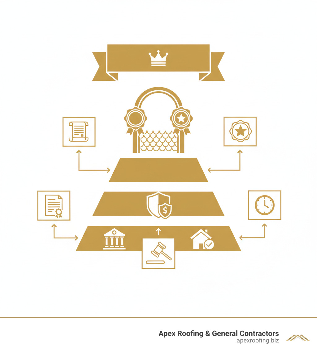 Infographic showing the hierarchy of roofing credentials from basic licensing at the bottom, to insurance in the middle, to manufacturer certifications like GAF Master Elite and Owens Corning Preferred Contractor at the top, with warranty coverage levels listed for each tier - Certified roofing experts infographic 