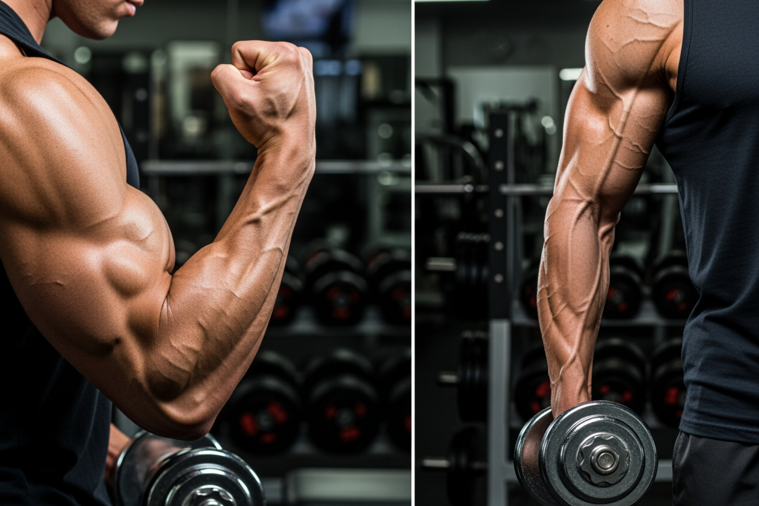 Image illustrating eccentric vs. concentric muscle contractions, showing a bicep curling up (concentric) and lowering (eccentric) - muscle soreness after workout recovery