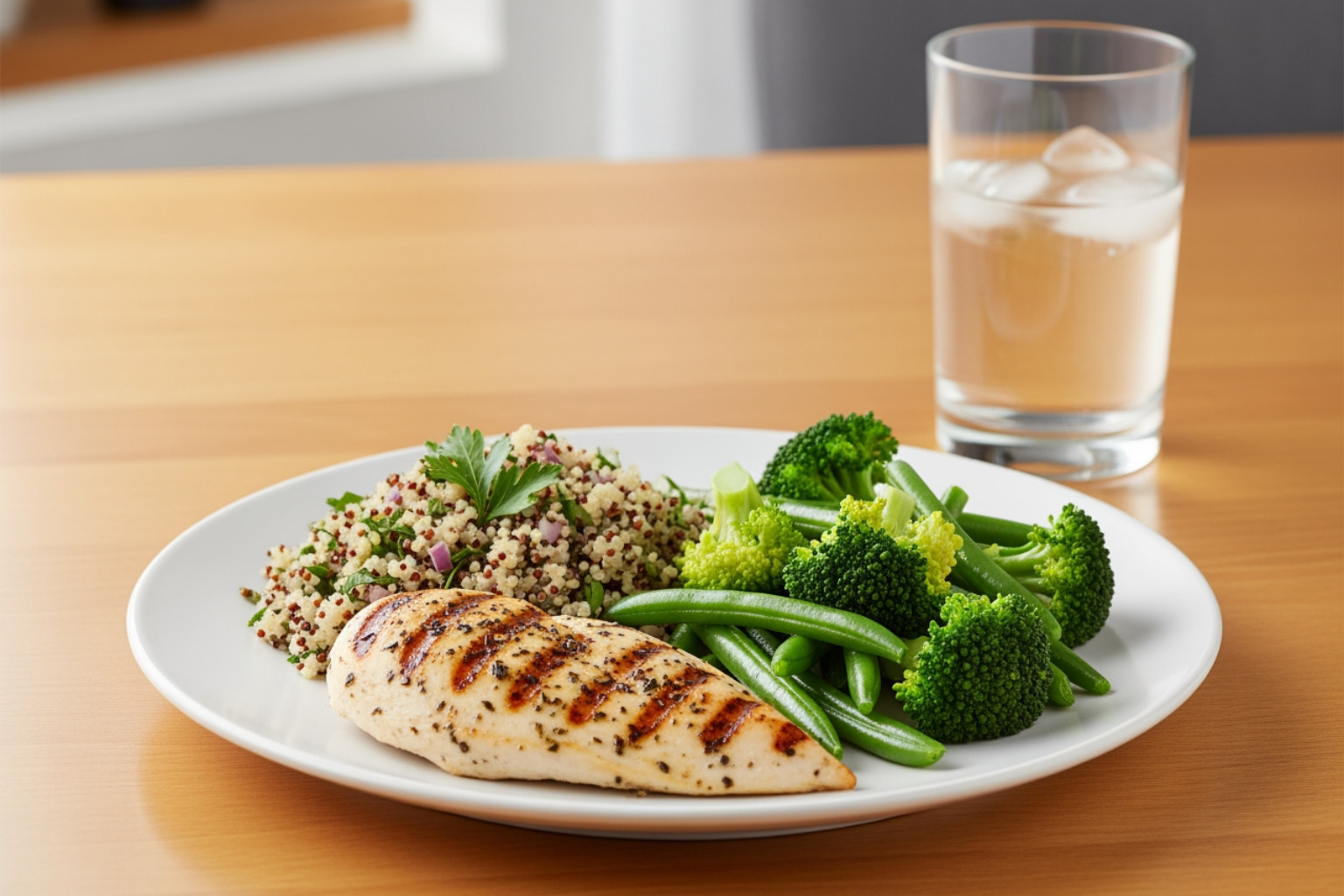 A balanced post-workout meal featuring grilled chicken, quinoa, and steamed vegetables, with a glass of water - muscle soreness after workout recovery