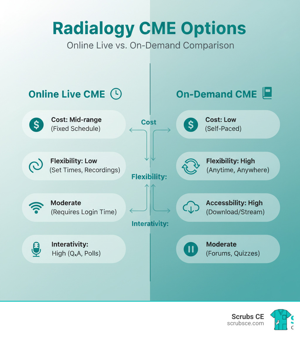 Table comparing Online Live vs. On-Demand CME on factors like Cost, Flexibility, Accessibility, and Interactivity - radiology cme infographic Table comparing Online Live vs. On-Demand CME on factors like Cost, Flexibility, Accessibility, and Interactivity - radiology cme infographic