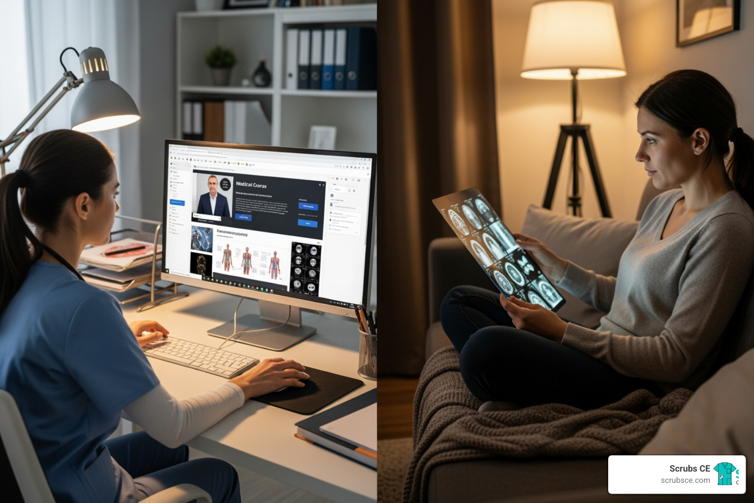 split screen showing a radiologist attending an online course on one side and reviewing materials in a comfortable setting on the other - radiology cme split screen showing a radiologist attending an online course on one side and reviewing materials in a comfortable setting on the other - radiology cme