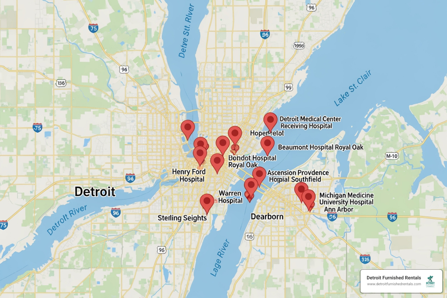 map showing the locations of major hospitals in the Metro Detroit area - detroit hospital systems