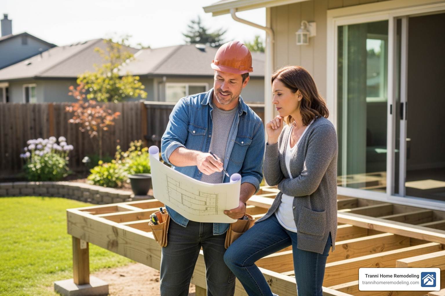 a professional contractor discussing plans with a homeowner on a deck frame - composite decking companies near me