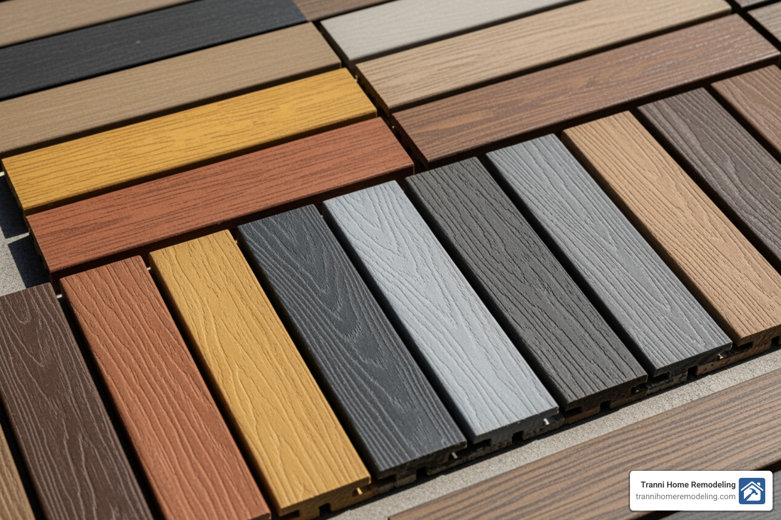 a variety of composite decking color and texture samples - composite decking companies near me