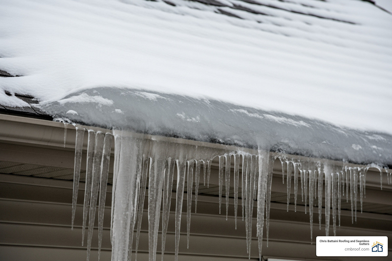 large, dangerous-looking ice dam with icicles hanging from a gutter - roof snow removal cost