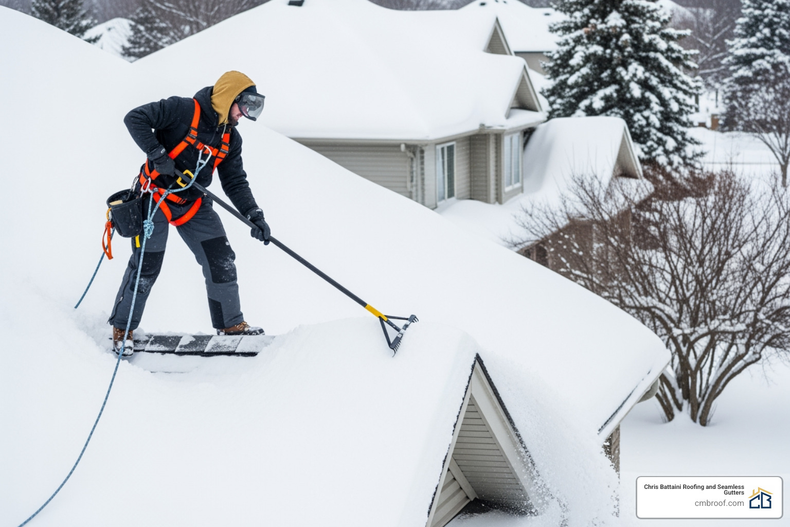 professional roofer using safety harnesses and proper equipment on a snowy roof - roof snow removal cost