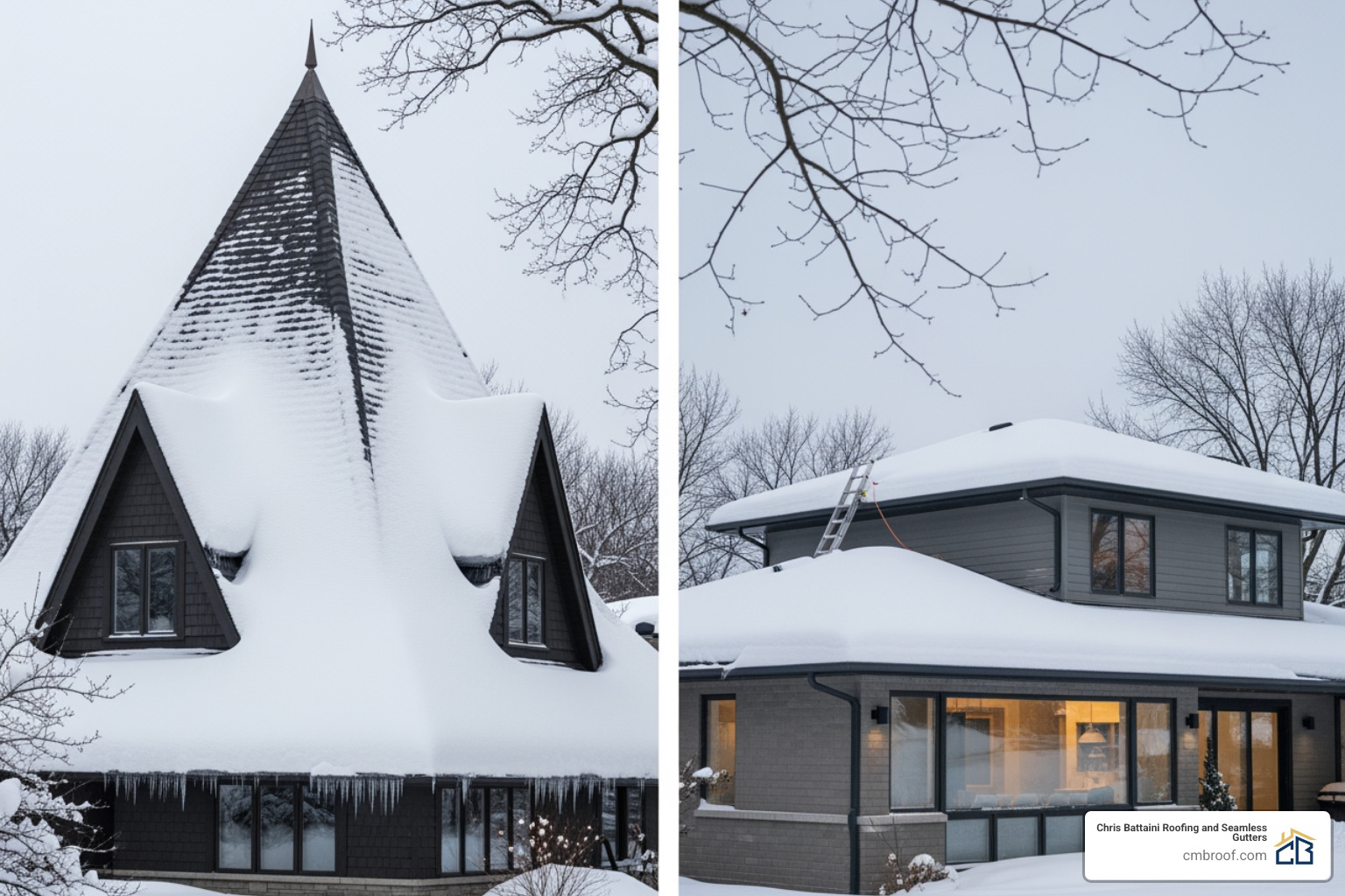 steep-pitched roof contrasted with a low-pitched, easily accessible roof - roof snow removal cost