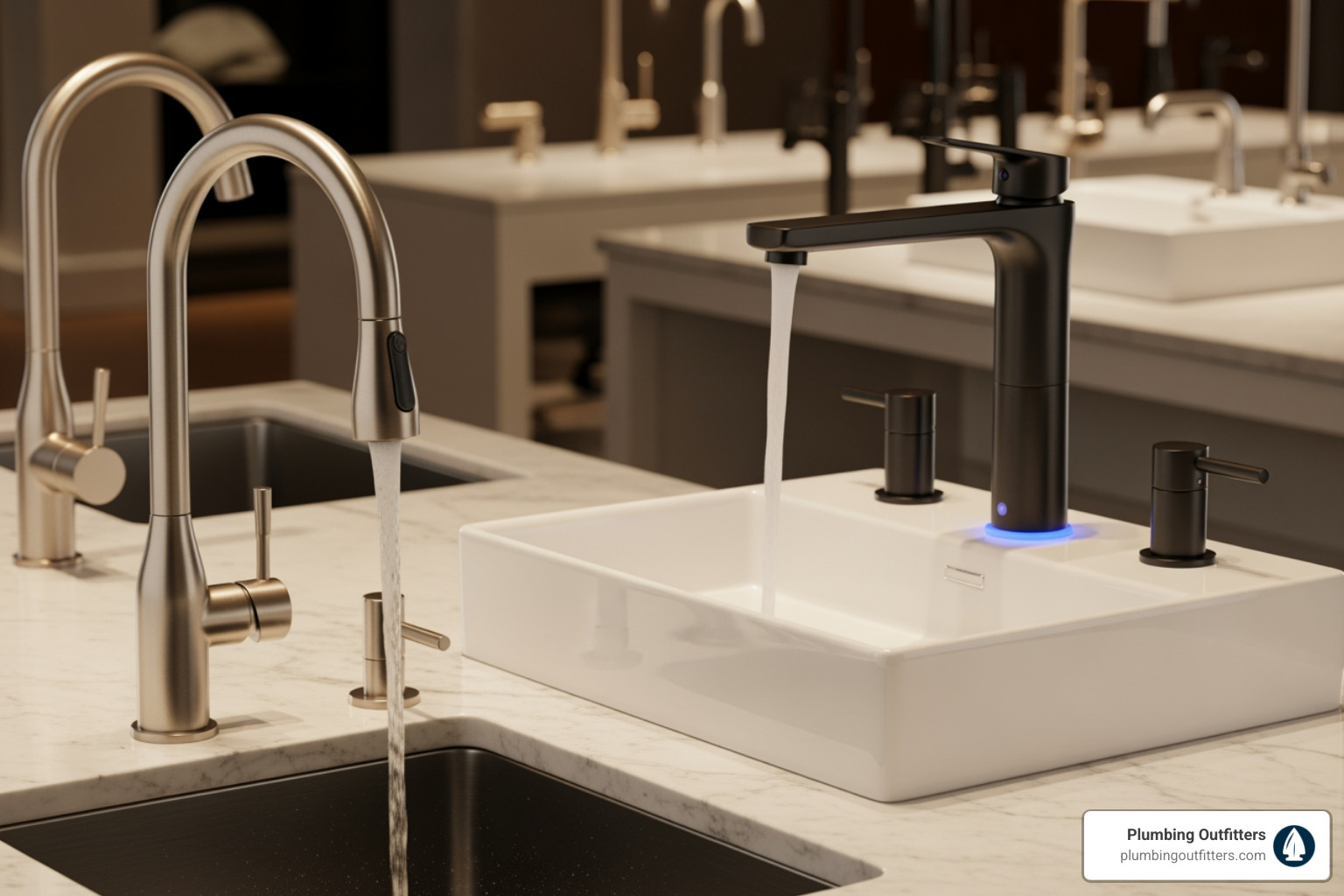 A variety of modern faucets, including a sleek pull-down kitchen faucet and a contemporary touchless bathroom faucet, showcased in a home setting. - faucet repair in elgin, tx A variety of modern faucets, including a sleek pull-down kitchen faucet and a contemporary touchless bathroom faucet, showcased in a home setting. - faucet repair in elgin, tx