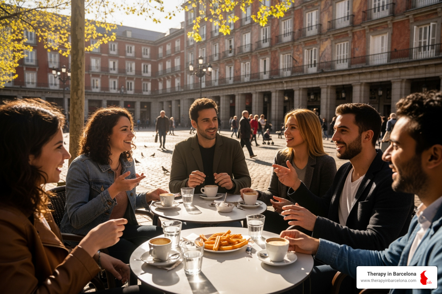 Diverse group of friends having coffee in a plaza in Madrid - is it worth moving to spain from uk