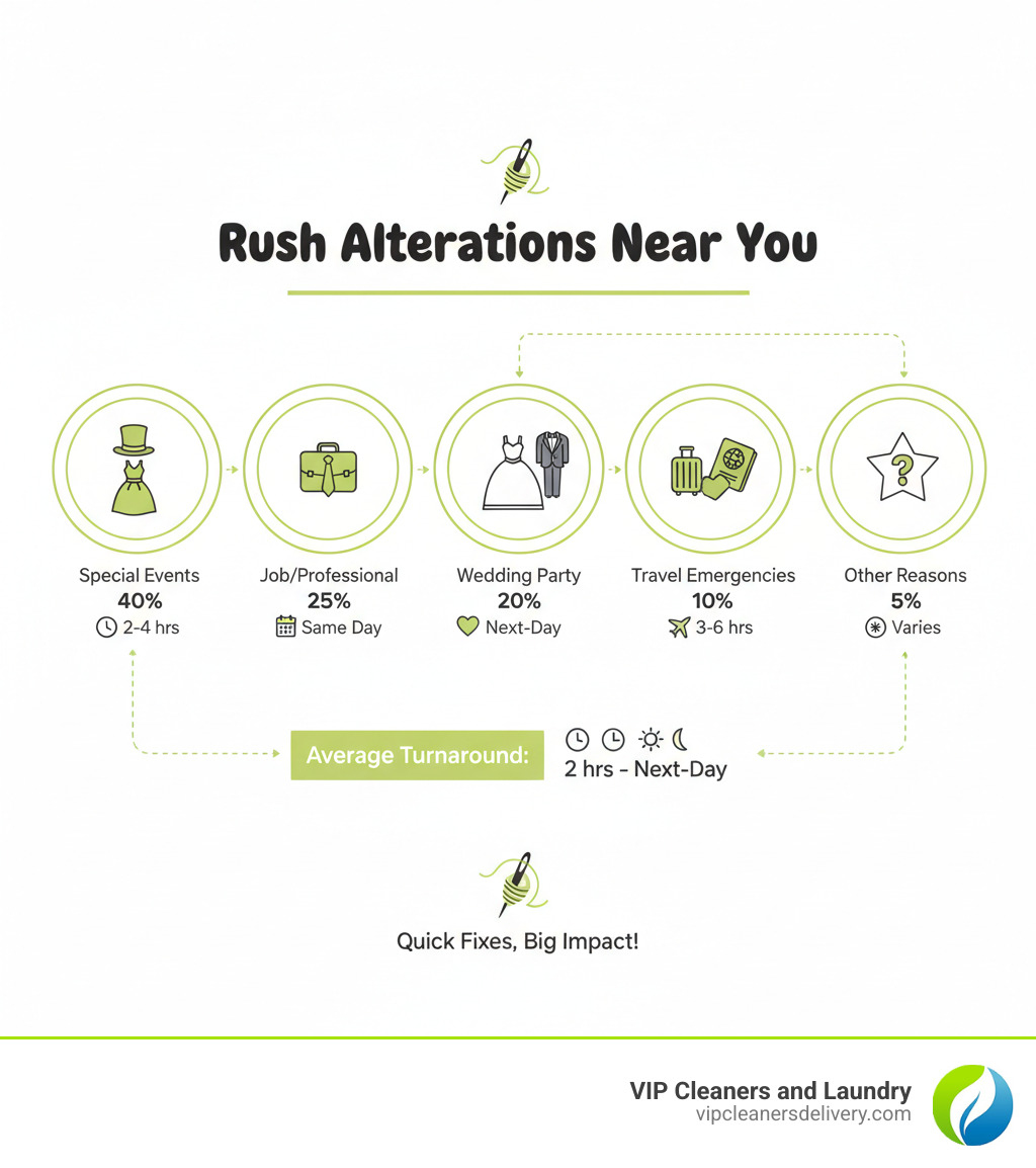 Infographic showing the most common reasons people need rush alterations: 40% special events, 25% job interviews and professional needs, 20% wedding party alterations, 10% travel emergencies, and 5% other reasons, with average turnaround times for each service type ranging from 2 hours to next-day - rush alterations near me infographic 4_facts_emoji_nature Infographic showing the most common reasons people need rush alterations: 40% special events, 25% job interviews and professional needs, 20% wedding party alterations, 10% travel emergencies, and 5% other reasons, with average turnaround times for each service type ranging from 2 hours to next-day - rush alterations near me infographic 4_facts_emoji_nature