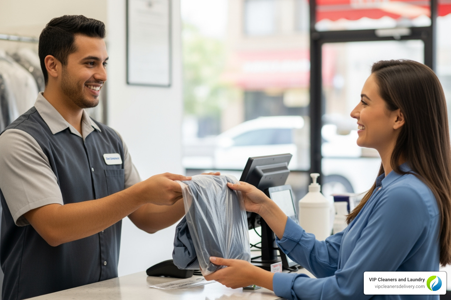 A friendly dry cleaner employee handing a finished garment to a customer - Carmel Valley dry cleaners - Carmel Valley dry cleaners