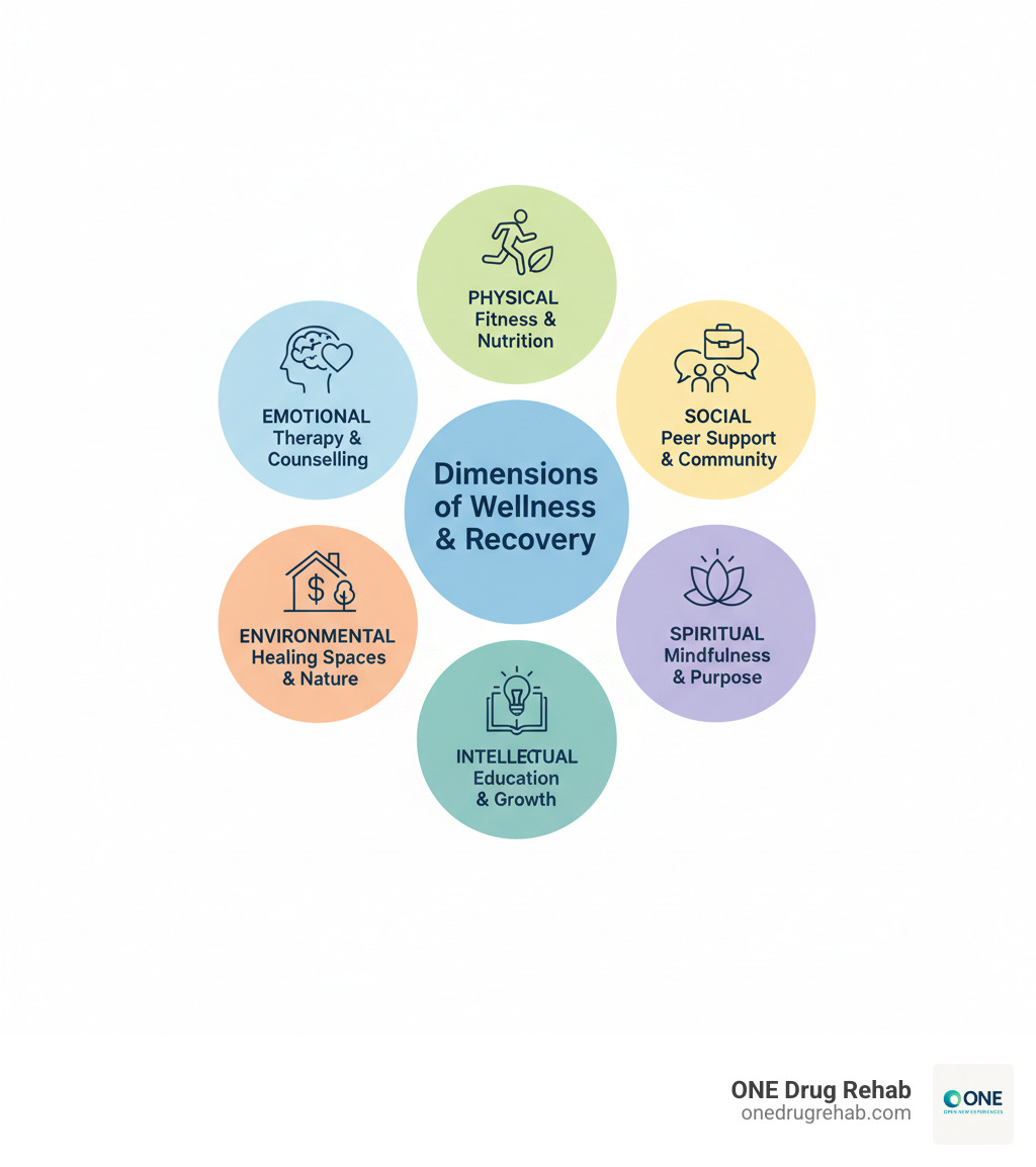 Infographic showing the eight dimensions of wellness in recovery: Emotional wellness through therapy and counseling, Physical wellness through fitness and nutrition, Occupational wellness through skills training, Social wellness through peer support and community, Spiritual wellness through mindfulness and purpose, Intellectual wellness through education and personal growth, Environmental wellness through healing spaces and nature access, and Financial wellness through planning and resources - wellness recovery centers infographic 