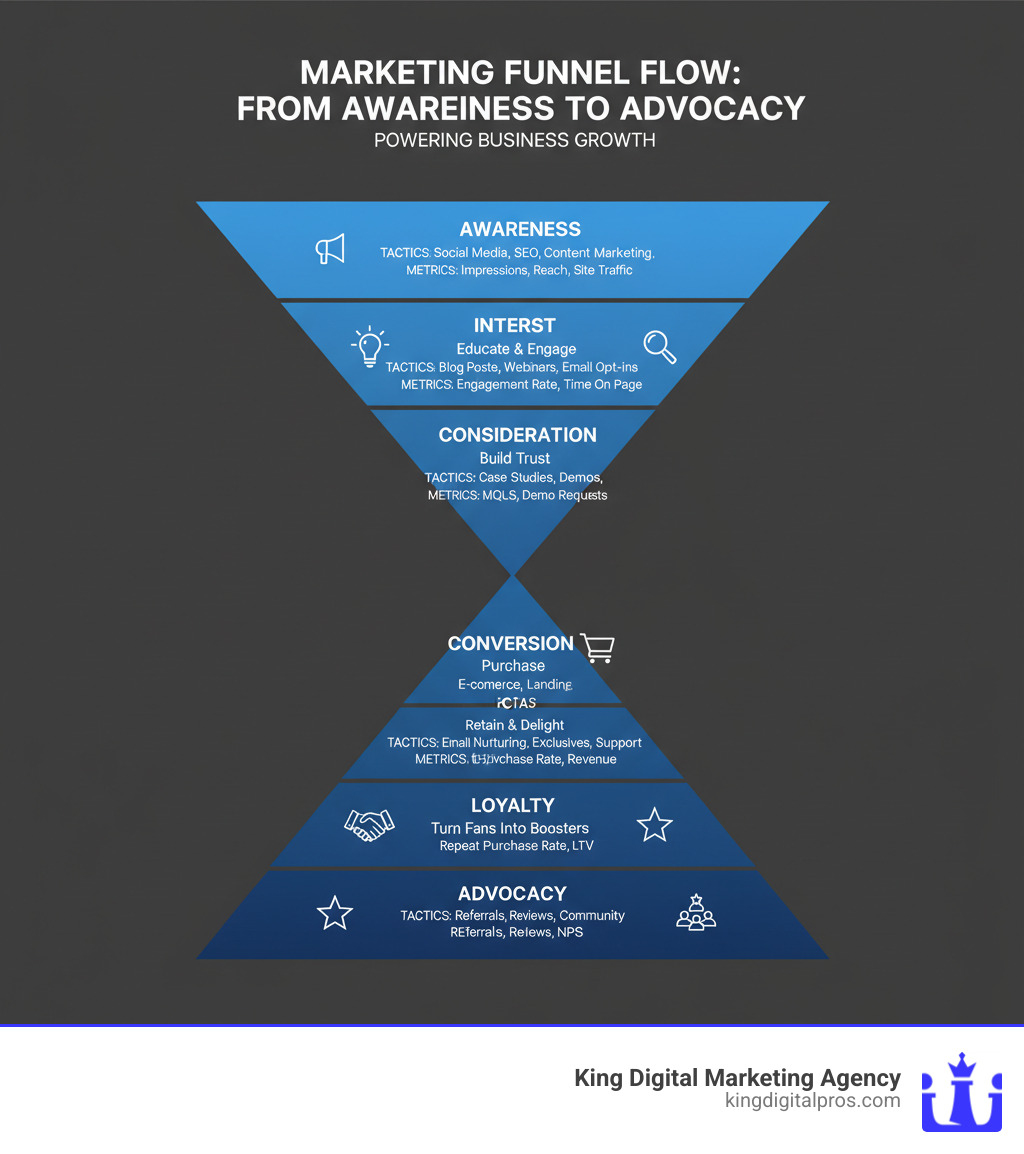 Infographic showing the marketing funnel flow from wide audience at awareness stage through interest and consideration to conversion, then expanding again to loyalty and advocacy, with key tactics and metrics labeled at each stage - funnel marketing strategy infographic 