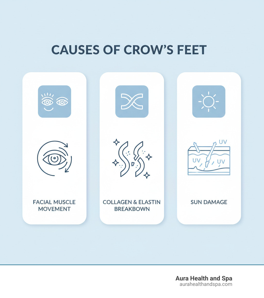 infographic showing three main causes of crow's feet: repetitive muscle movement from smiling and squinting shown with facial expression icons, collagen and elastin breakdown illustrated with protein fiber degradation, and sun damage depicted with UV rays penetrating skin layers and breaking down collagen - Crow's feet treatment infographic 