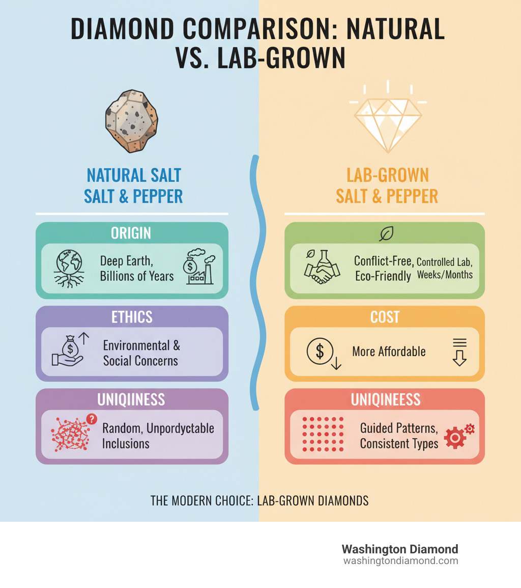 Table comparing Natural vs. Lab-Grown Salt and Pepper Diamonds on key attributes like origin, ethics, cost, and consistency - salt and pepper lab diamond infographic 
