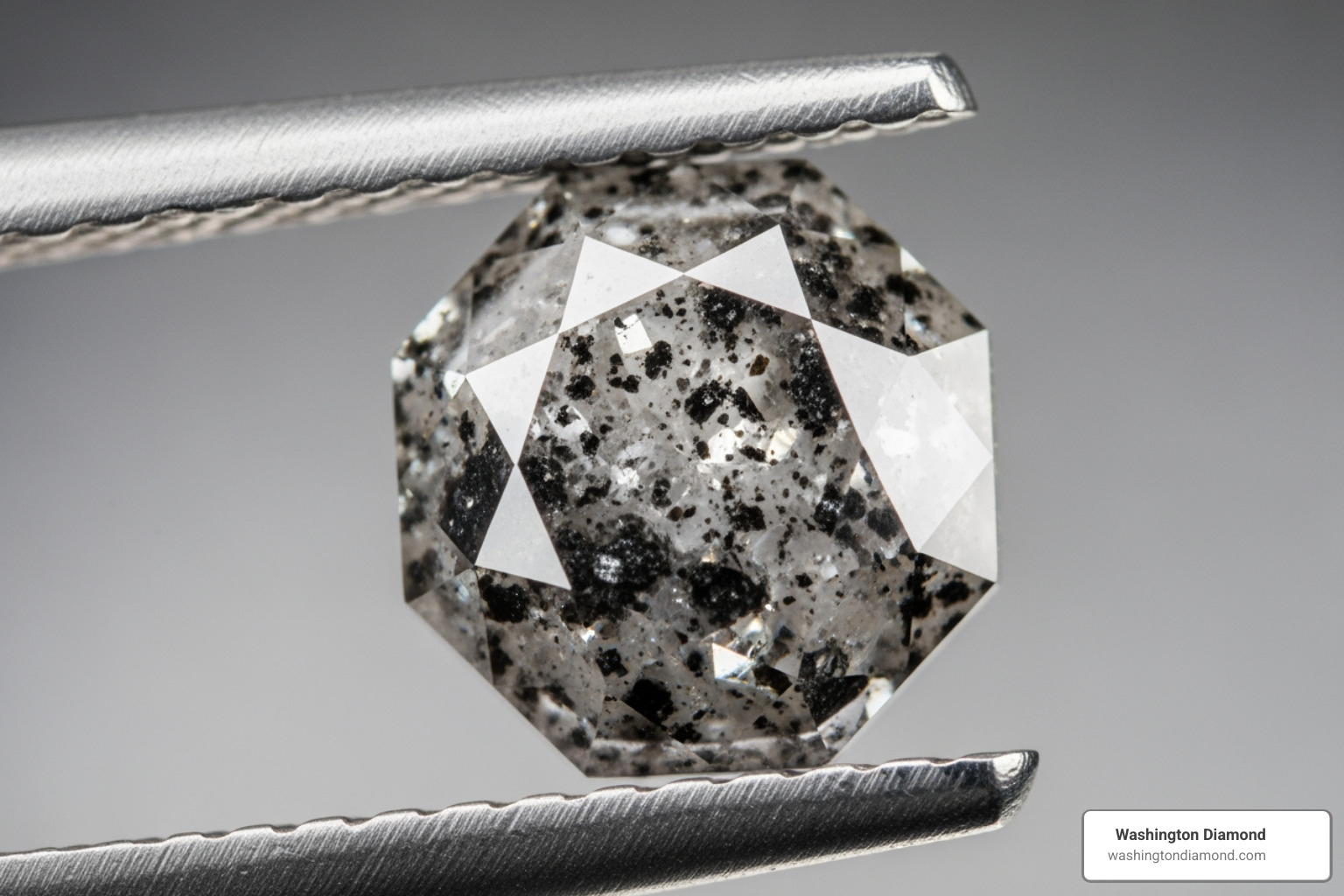 loose salt and pepper lab diamond held in tweezers - salt and pepper lab diamond