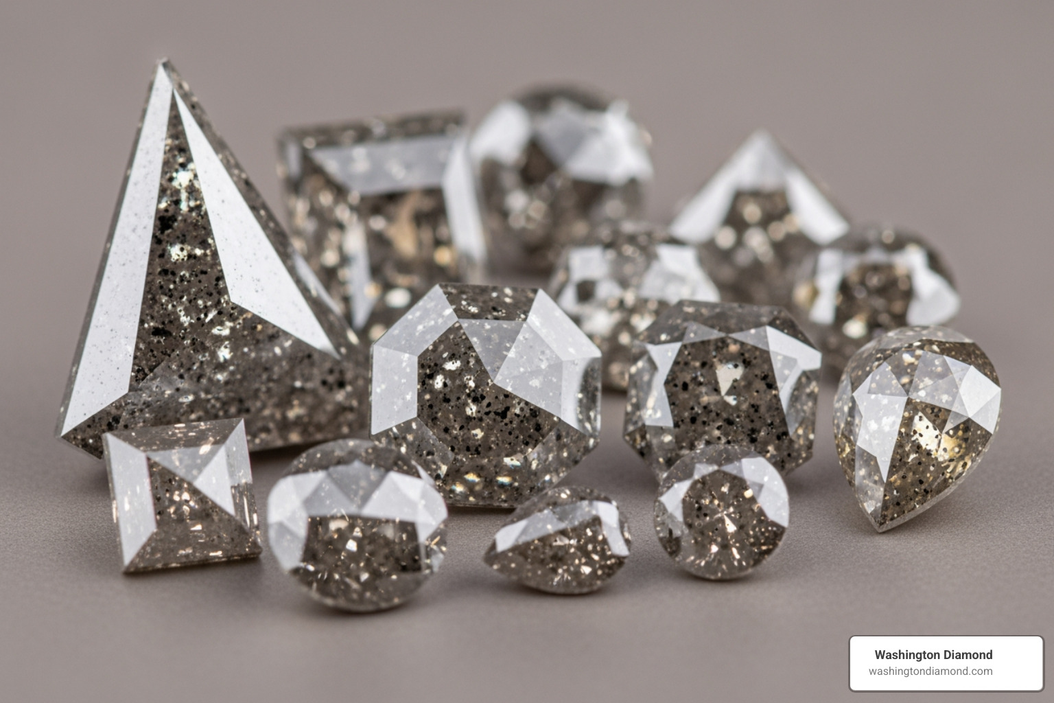various salt and pepper diamond shapes like kite, hexagon, and pear - salt and pepper lab diamond
