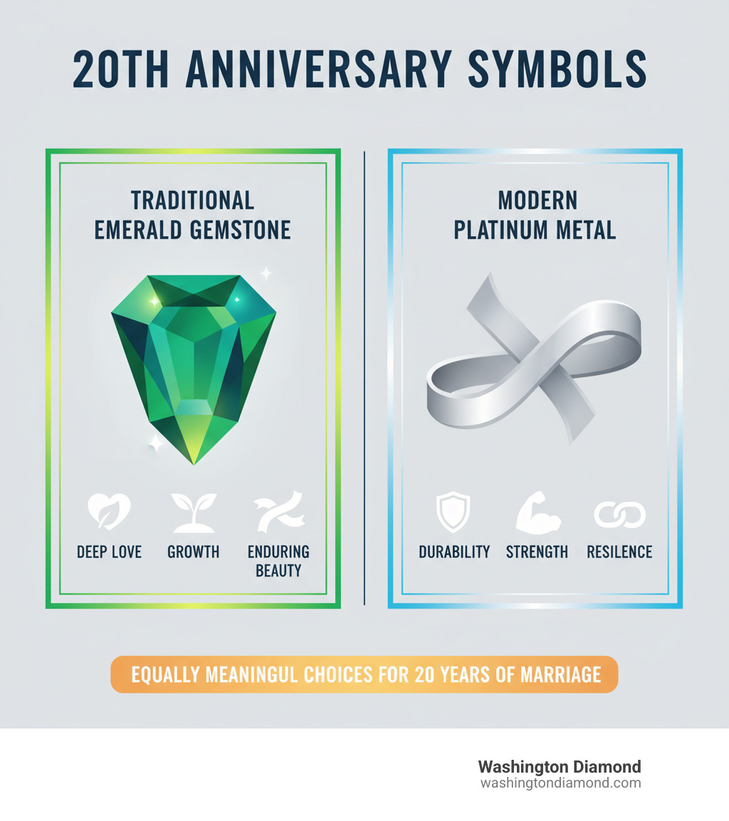 Infographic showing 20th anniversary symbols: Emerald gemstone (traditional) representing deep love, growth, and enduring beauty with vibrant green stones; Platinum metal (modern) representing durability, strength, and resilience with silvery-white finish; both equally meaningful choices for celebrating 20 years of marriage - 20 year anniversary ring for wife infographic Infographic showing 20th anniversary symbols: Emerald gemstone (traditional) representing deep love, growth, and enduring beauty with vibrant green stones; Platinum metal (modern) representing durability, strength, and resilience with silvery-white finish; both equally meaningful choices for celebrating 20 years of marriage - 20 year anniversary ring for wife infographic