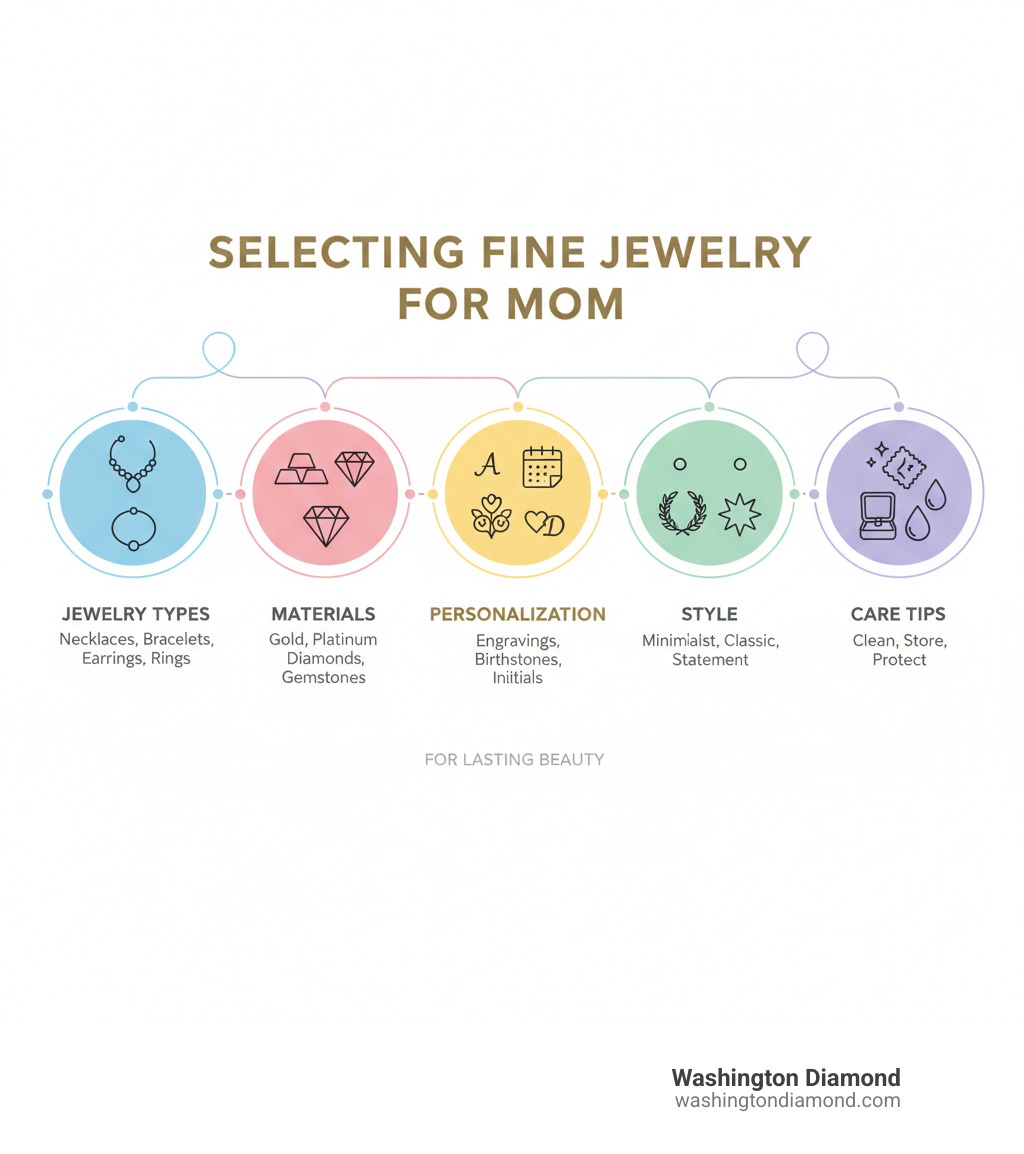 Infographic showing the components of selecting fine jewelry for mom: jewelry types (necklaces, bracelets, earrings, rings), materials (gold, platinum, diamonds, gemstones), personalization options (engravings, birthstones, initials), style considerations (minimalist, classic, statement), and care tips for lasting beauty - fine jewelry for mom infographic Infographic showing the components of selecting fine jewelry for mom: jewelry types (necklaces, bracelets, earrings, rings), materials (gold, platinum, diamonds, gemstones), personalization options (engravings, birthstones, initials), style considerations (minimalist, classic, statement), and care tips for lasting beauty - fine jewelry for mom infographic