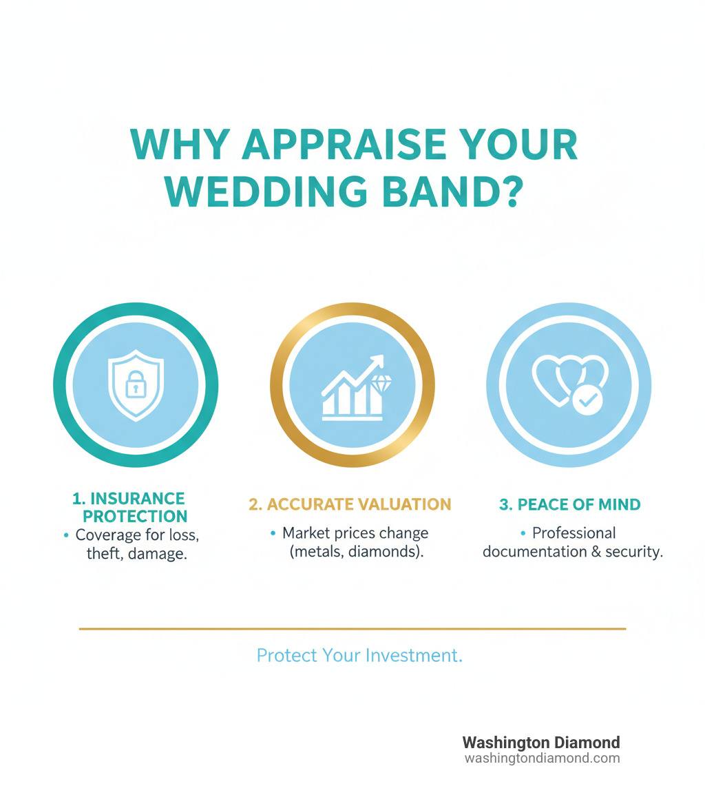 Infographic showing three key reasons for wedding band appraisal: 1. Insurance Protection - Get adequate coverage for loss, theft, or damage with documented replacement value. 2. Accurate Valuation - Market prices change over time, especially for precious metals and diamonds. 3. Peace of Mind - Know your investment is protected with professional documentation and proper insurance coverage. - wedding band appraisal infographic Infographic showing three key reasons for wedding band appraisal: 1. Insurance Protection - Get adequate coverage for loss, theft, or damage with documented replacement value. 2. Accurate Valuation - Market prices change over time, especially for precious metals and diamonds. 3. Peace of Mind - Know your investment is protected with professional documentation and proper insurance coverage. - wedding band appraisal infographic