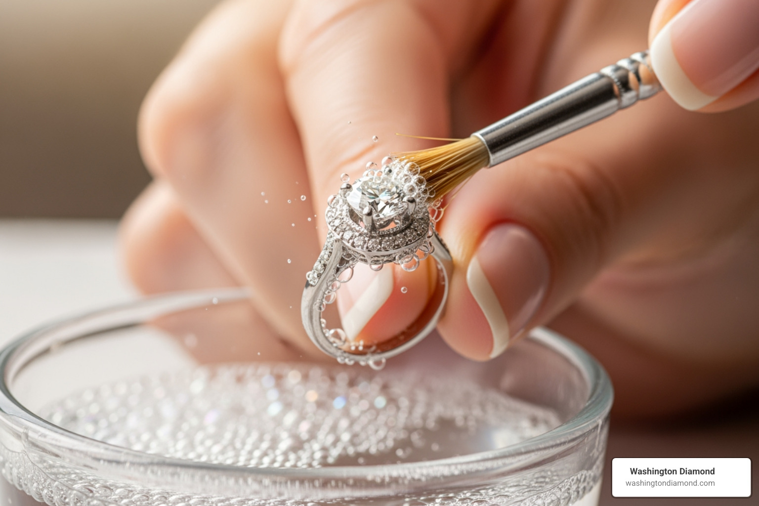 Ring being gently cleaned with a soft brush - 20 year anniversary ring for wife Ring being gently cleaned with a soft brush - 20 year anniversary ring for wife