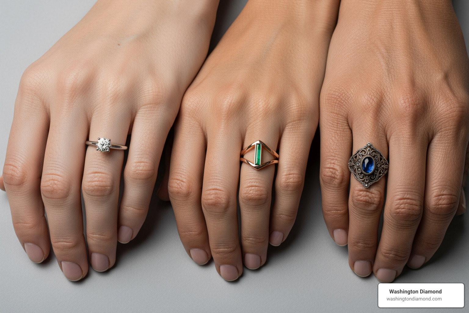 Three different women's hands, each with a different style of ring (classic, modern, vintage) - 20 year anniversary ring for wife Three different women's hands, each with a different style of ring (classic, modern, vintage) - 20 year anniversary ring for wife