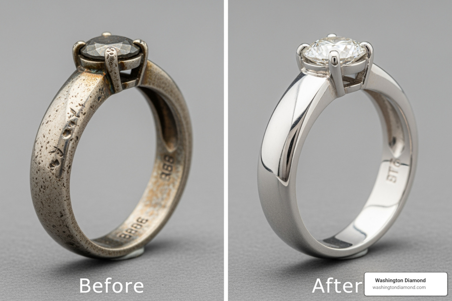 before-and-after shot of a polished and repaired ring - Jewelry repair Washington DC