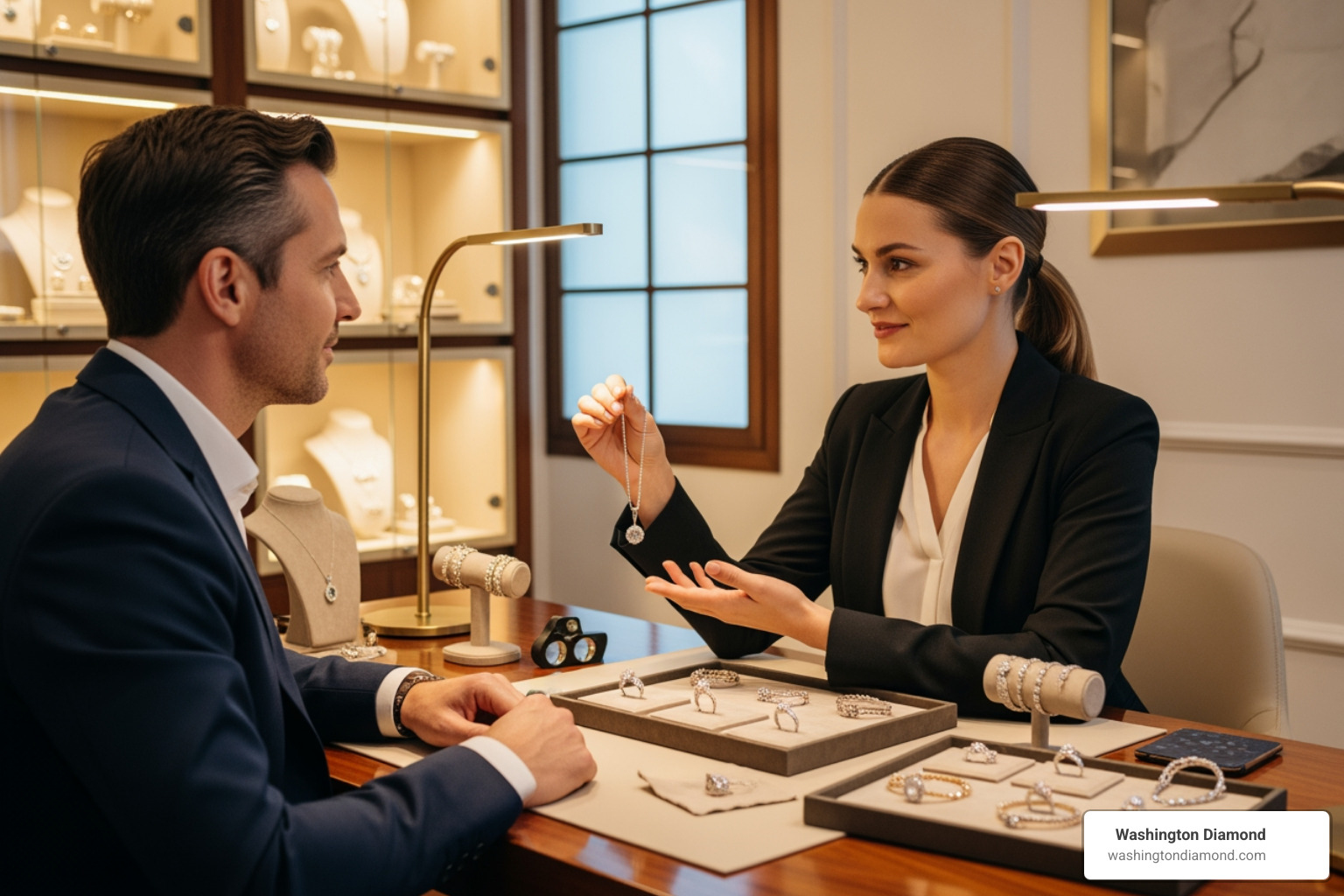 customer consulting with a jeweler in a private, well-lit studio - Jewelry repair Washington DC