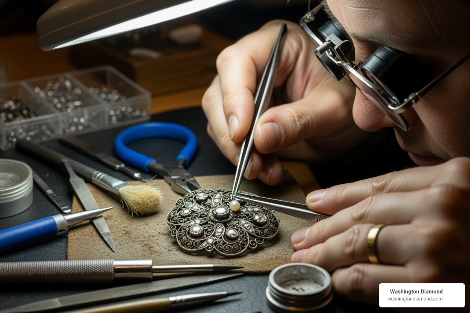 intricate antique brooch being carefully restored - Jewelry repair Washington DC
