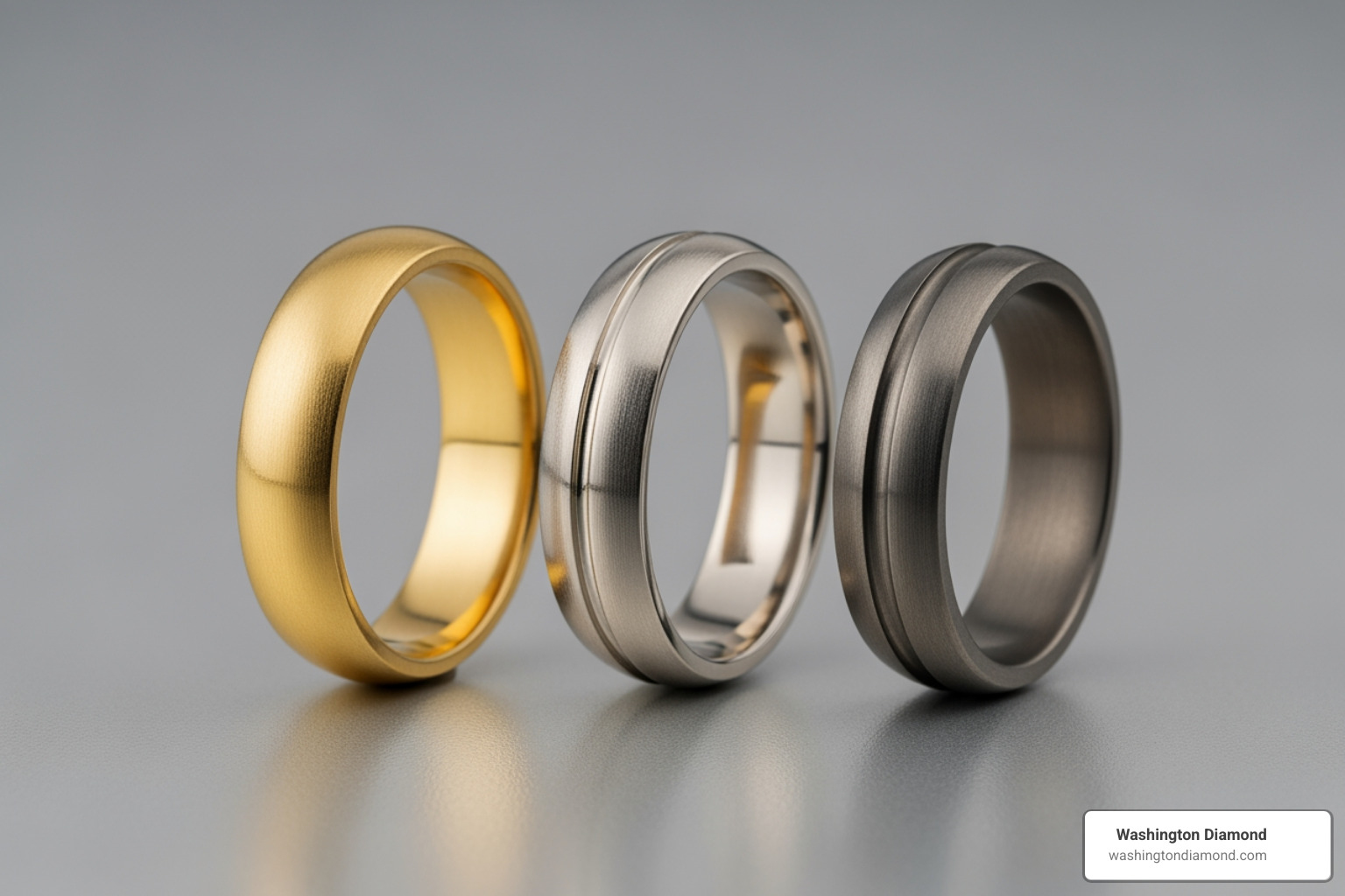 Three rings side-by-side: one gold, one platinum, and one titanium - ring resizing Northern Virginia Three rings side-by-side: one gold, one platinum, and one titanium - ring resizing Northern Virginia
