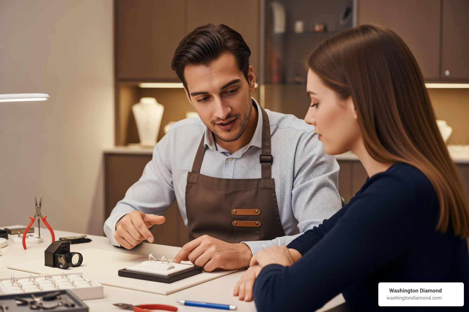 Friendly jeweler consulting with customer in private studio - ring resizing Northern Virginia Friendly jeweler consulting with customer in private studio - ring resizing Northern Virginia