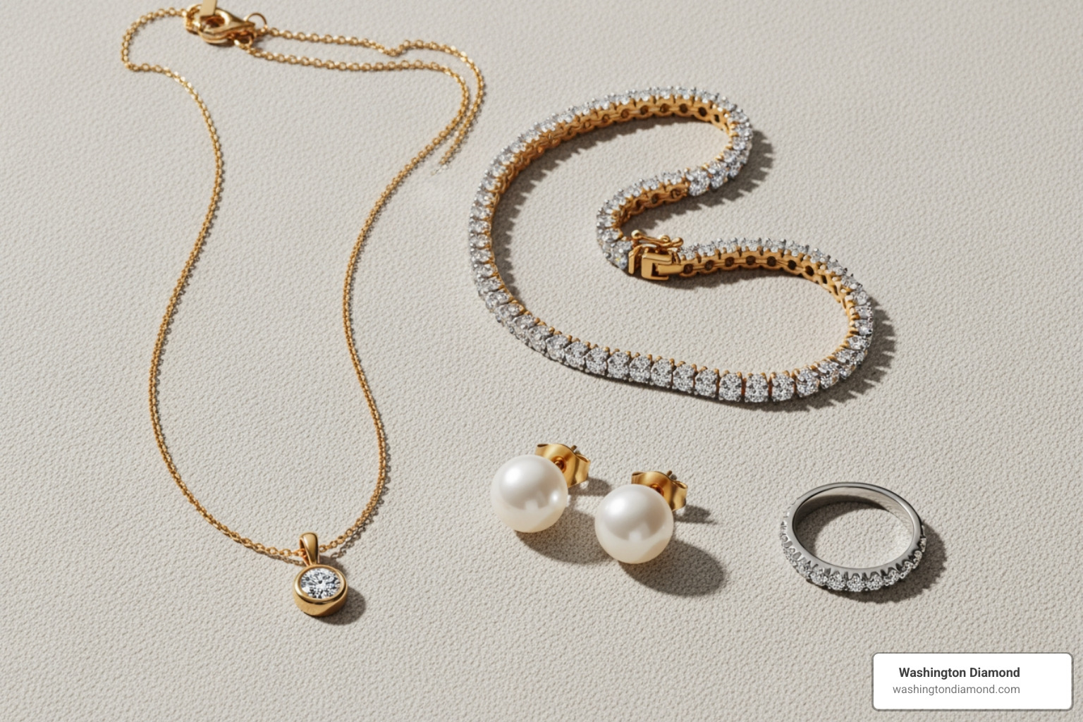 A flat lay showcasing a delicate gold necklace with a pendant, a tennis bracelet, classic pearl stud earrings, and a simple diamond band ring - fine jewelry for mom A flat lay showcasing a delicate gold necklace with a pendant, a tennis bracelet, classic pearl stud earrings, and a simple diamond band ring - fine jewelry for mom