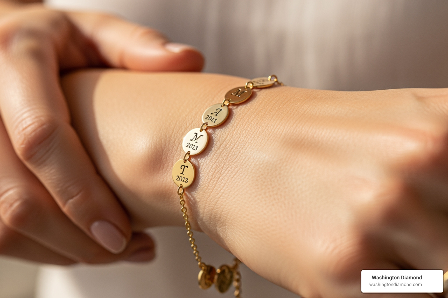 A close-up image of a mother's wrist wearing a delicate bracelet with small, engraved charms, possibly initials or dates - fine jewelry for mom A close-up image of a mother's wrist wearing a delicate bracelet with small, engraved charms, possibly initials or dates - fine jewelry for mom