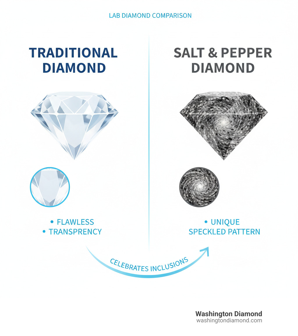 Infographic comparing a traditional clear diamond on the left showing a flawless, transparent appearance versus a salt and pepper diamond on the right displaying black and white speckled inclusions creating a galaxy-like pattern throughout the stone - salt and pepper lab diamond infographic 