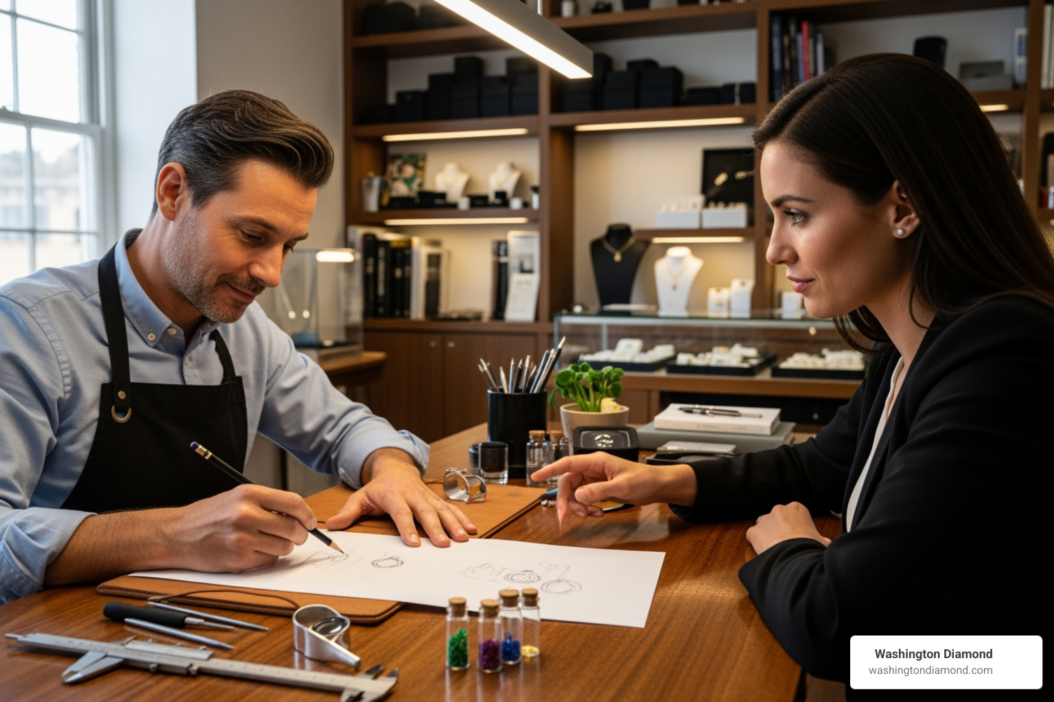 jeweller sketching a design with a client - bespoke white gold jewellery jeweller sketching a design with a client - bespoke white gold jewellery