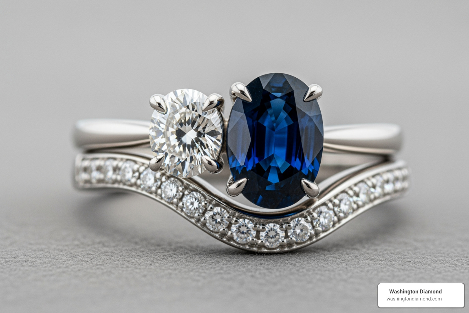 Toi et Moi ring paired with a curved wedding band - Toi et moi setting