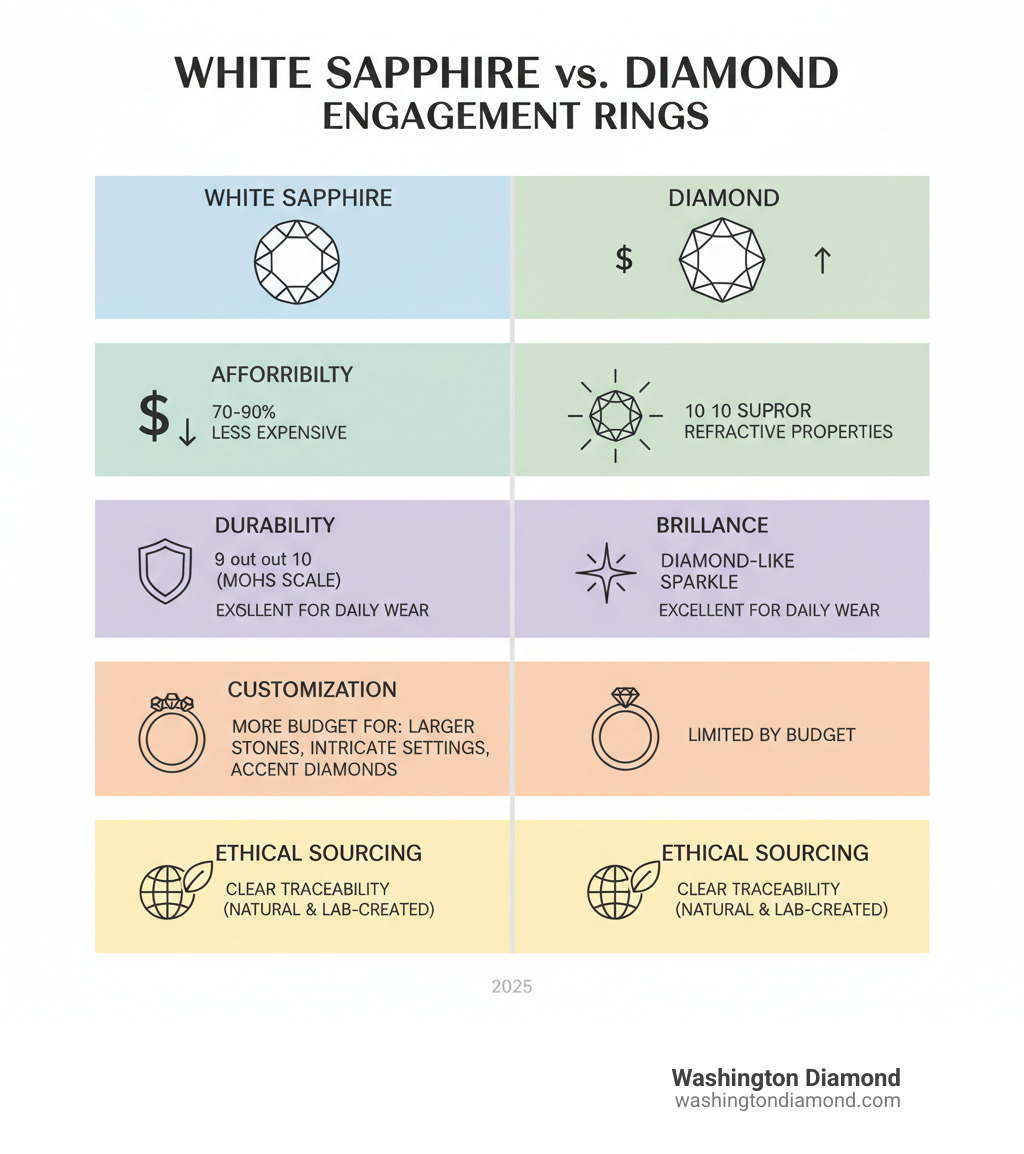 Infographic comparing white sapphire engagement rings to diamonds: Affordability (70-90% less expensive), Durability (9 vs 10 on Mohs scale, both excellent for daily wear), Brilliance (diamond-like sparkle with slightly different refractive properties), Customization (more budget for larger stones, intricate settings, and accent diamonds), and Ethical Sourcing (clear traceability for both natural and lab-created options) - custom white sapphire engagement rings infographic 